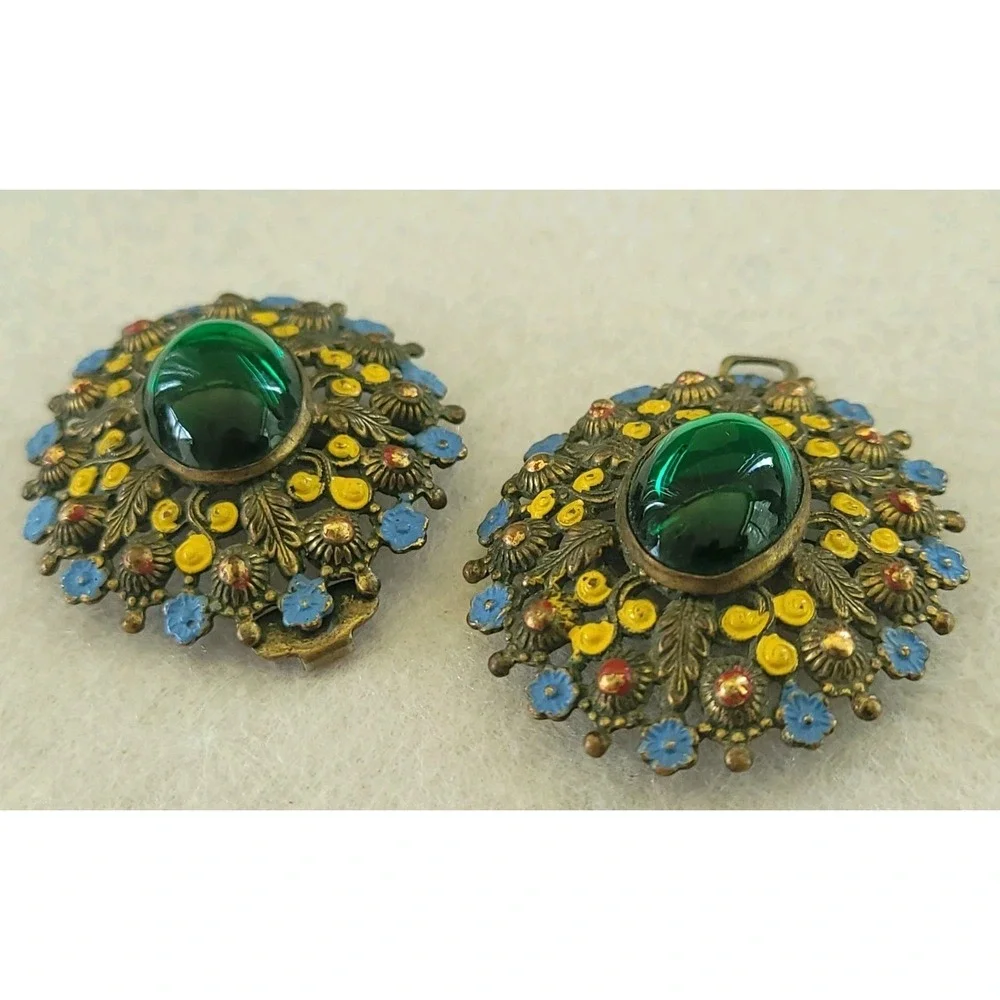 1930s Czech Glass Enamel Brass Sash Belt Buckle Art Deco Floral Green Antique